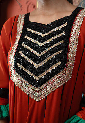 Embroidered Georgette A Line Kurta Set in Rust