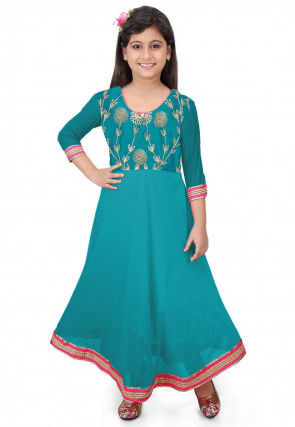 Embroidered Georgette A Line Kurta Set in Teal Blue