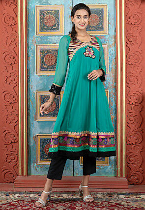 Embroidered Georgette A Line Kurta Set in Teal Green