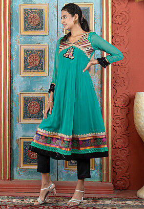 Embroidered Georgette A Line Kurta Set in Teal Green