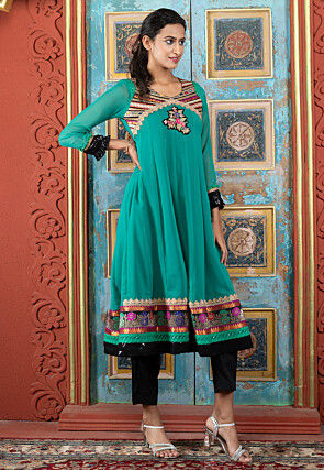 Embroidered Georgette A Line Kurta Set in Teal Green