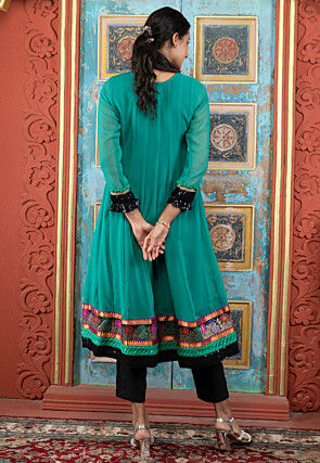 Embroidered Georgette A Line Kurta Set in Teal Green