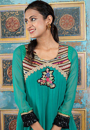 Embroidered Georgette A Line Kurta Set in Teal Green