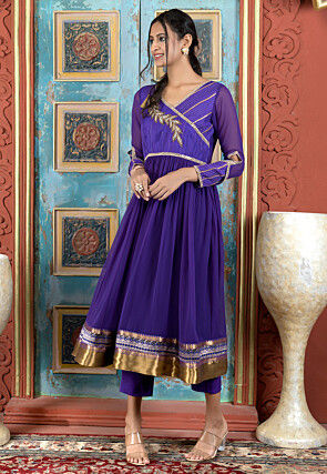 Embroidered Georgette A Line Kurta Set in Purple