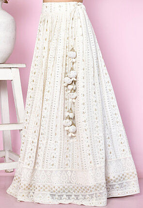 Embroidered Georgette A Line Skirt in Off White