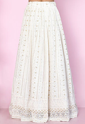 Embroidered Georgette A Line Skirt in Off White