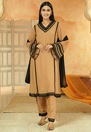 Embroidered Georgette A Line Suit in Beige