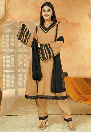Embroidered Georgette A Line Suit in Beige