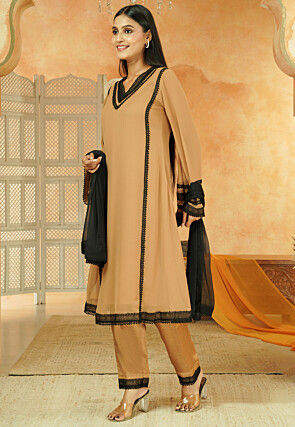 Embroidered Georgette A Line Suit in Beige