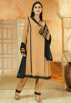 Embroidered Georgette A Line Suit in Beige