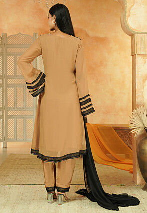 Embroidered Georgette A Line Suit in Beige