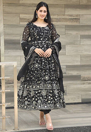 Embroidered Georgette A Line Suit in Black