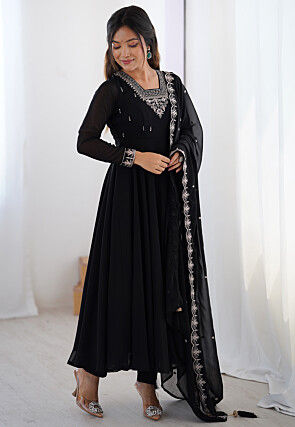 Embroidered Georgette A Line Suit in Black