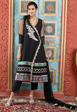 Embroidered Georgette A Line Suit in Black