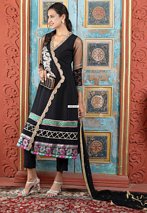 Embroidered Georgette A Line Suit in Black