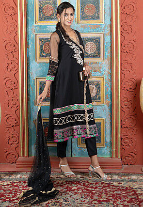 Embroidered Georgette A Line Suit in Black