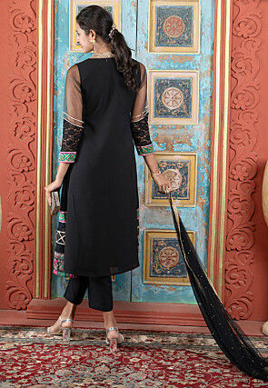 Embroidered Georgette A Line Suit in Black