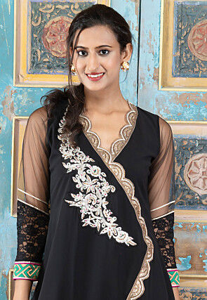 Embroidered Georgette A Line Suit in Black