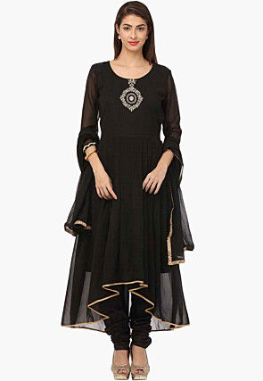 Embroidered Georgette A Line Suit in Black