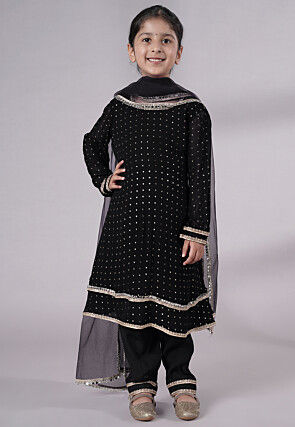 Embroidered Georgette A Line Suit in Black