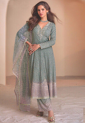 Embroidered Georgette A Line Suit in Dusty Blue