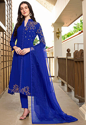 Embroidered Georgette A Line Suit in Blue