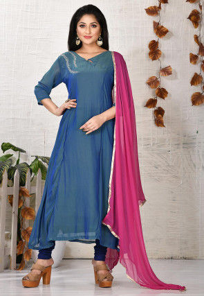 Embroidered Georgette A Line Suit in Blue
