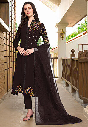 Embroidered Georgette A Line Suit in Brown