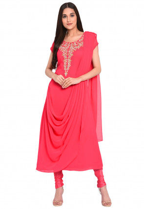 Embroidered Georgette A Line Suit in Coral Pink