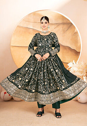 Embroidered Georgette A Line Suit in Dark Green