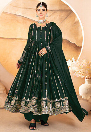Embroidered Georgette A Line Suit in Dark Green