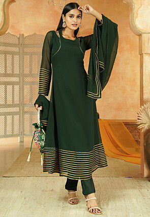 Embroidered Georgette A Line Suit in Dark Green