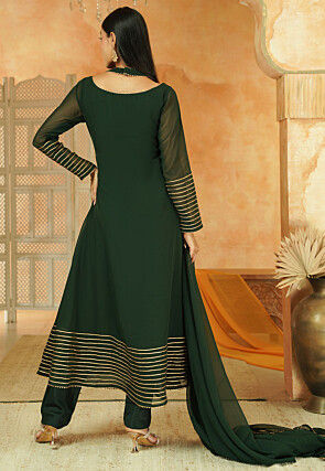 Embroidered Georgette A Line Suit in Dark Green