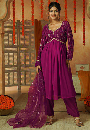Embroidered Georgette A Line Suit in Dark Magenta