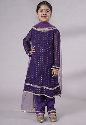 Embroidered Georgette A Line Suit in Dark Purple