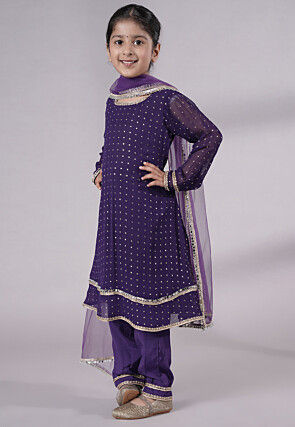 Embroidered Georgette A Line Suit in Dark Purple