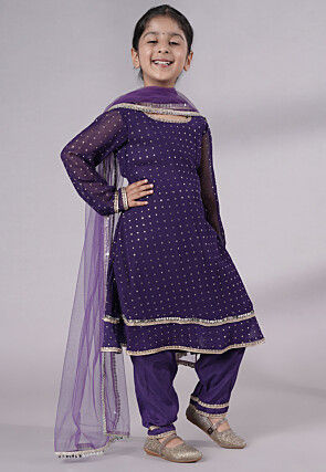Embroidered Georgette A Line Suit in Dark Purple