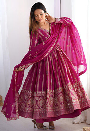 Embroidered Georgette A Line Suit in Fuchsia
