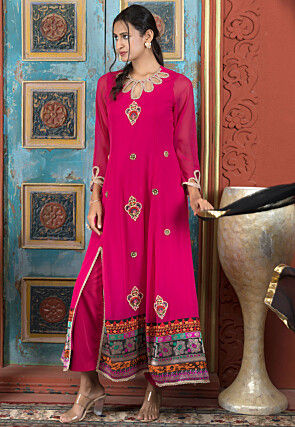 Embroidered Georgette A Line Suit in Fuchsia