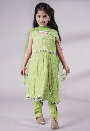 Embroidered Georgette A Line Suit in Light Green