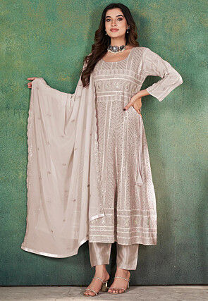 Embroidered Georgette A Line Suit in Light Grey