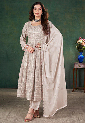 Embroidered Georgette A Line Suit in Light Grey