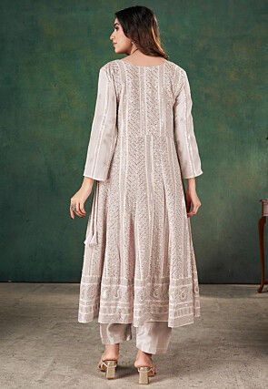 Embroidered Georgette A Line Suit in Light Grey