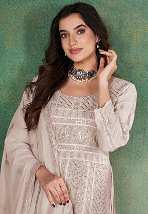 Embroidered Georgette A Line Suit in Light Grey