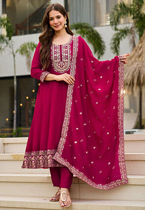 Embroidered Georgette A Line Suit in Magenta