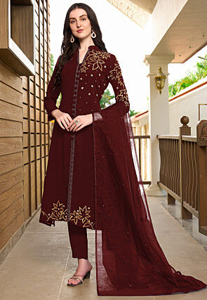 Embroidered Georgette A Line Suit in Maroon