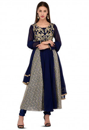 Embroidered Georgette A Line Suit in Navy Blue and Beige