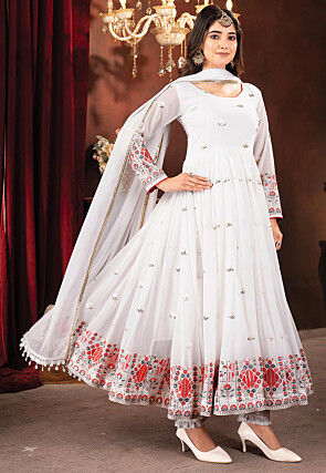 Embroidered Georgette A Line Suit in Off White