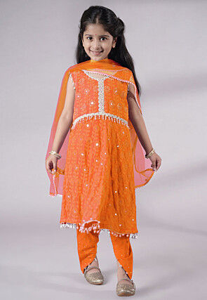 Embroidered Georgette A Line Suit in Orange