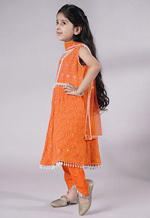 Embroidered Georgette A Line Suit in Orange